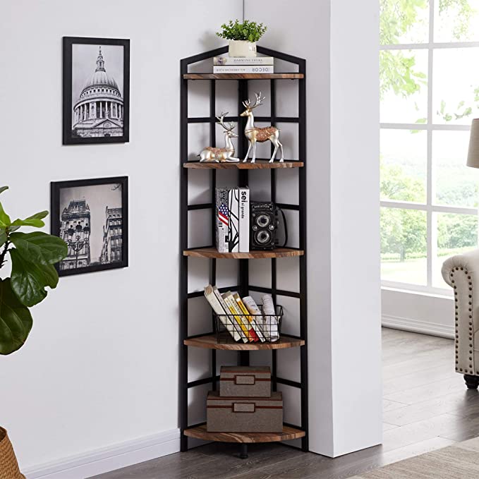 Industrial Corner Bookcase And Shelf, 5 Shelf Open Back Bookcase